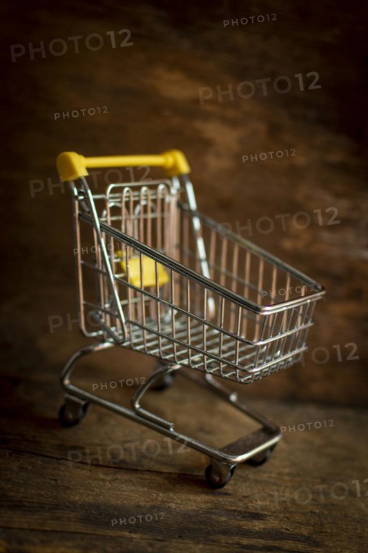 Empty metal miniature shopping cart on a brown background