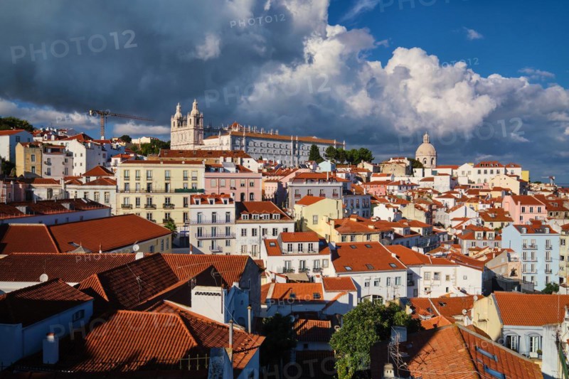 View of Lisbon famous postcard iconic view from Miradouro de Santa Luzia tourist viewpoint over Alfama old city district
