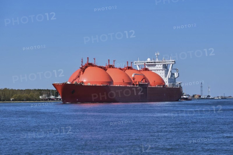 LNG or liquified natural gas tanker entering port on a sunny day in Klaipeda