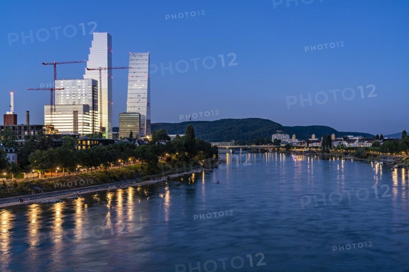 Roche Tower or Roche Tower and the Rhine in Basel at dusk