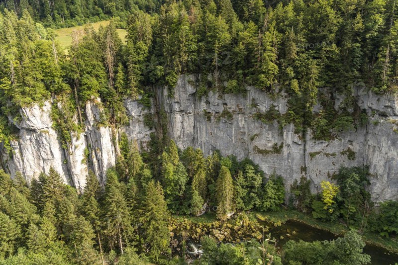 View into the gorge at the Echelles de la Mort death ladders in the Doubs valley