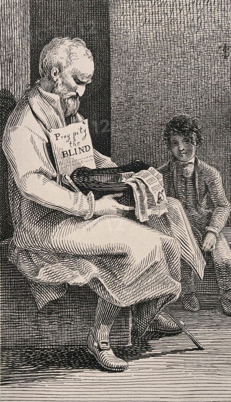 A Seated Blind Beggar Selling Love Sonnets to Make Money with a Young Boy