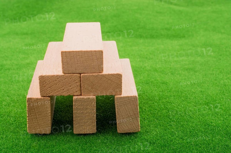 Wooden dominos on green grass