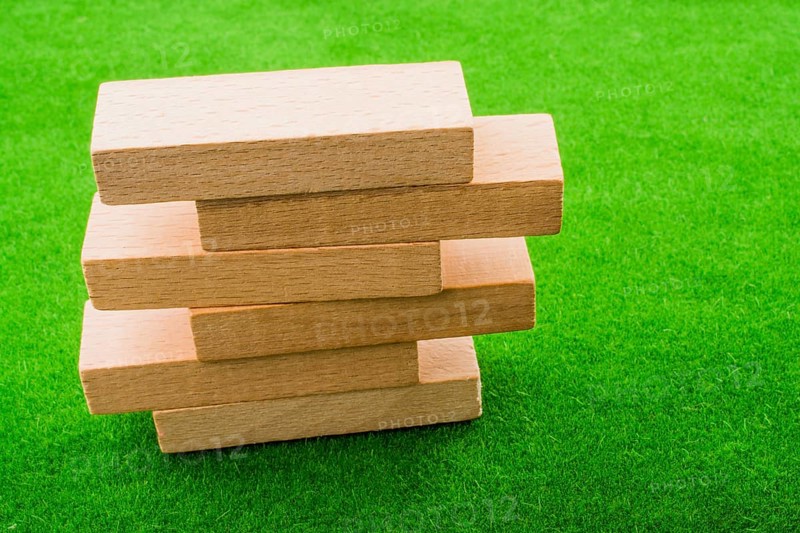 Wooden dominos on green grass