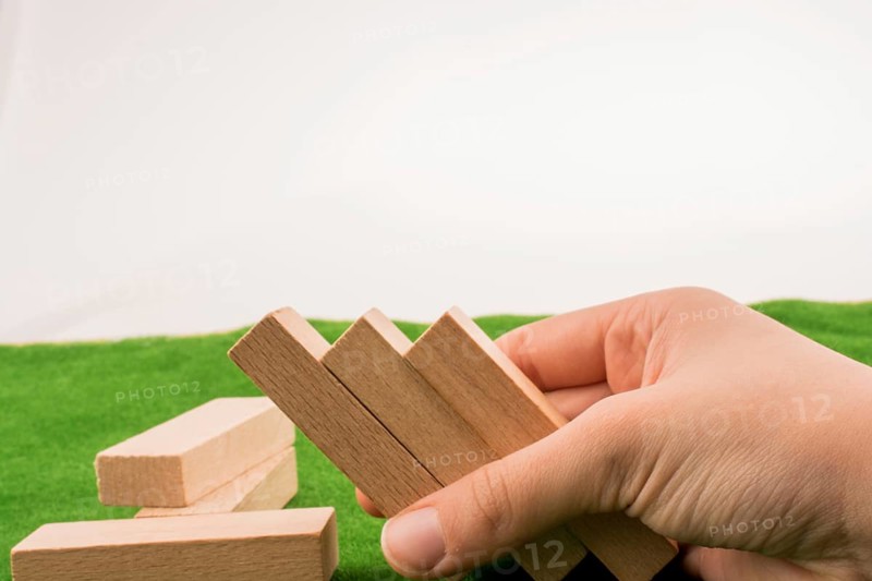 Wooden dominos on green grass