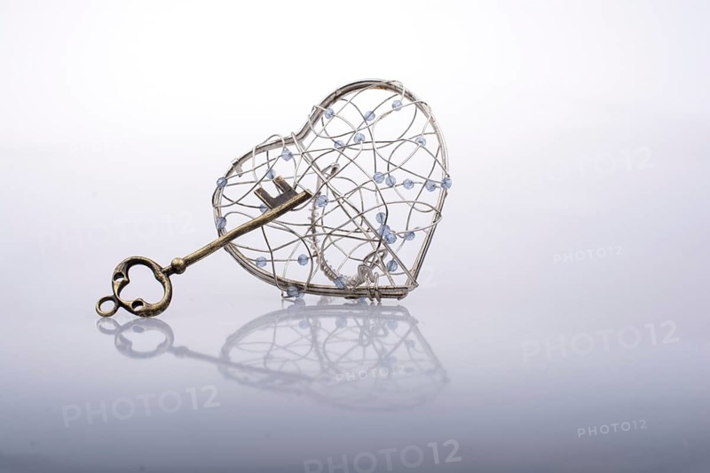Key and a heart shaped metal cage on white