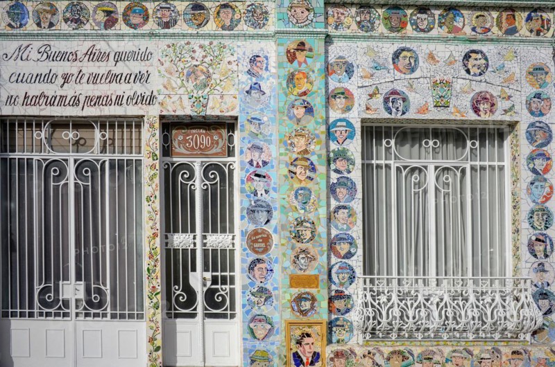 Artistic façade with mosaic with tango motifs in Buenos Aires