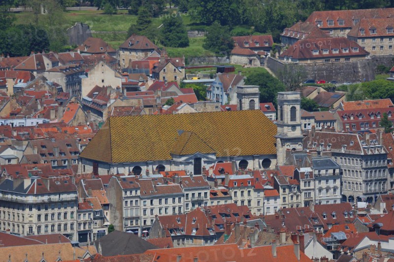 View of roofs and striking roof of Ste-Madeleine Cathedral