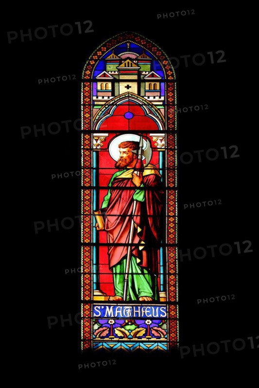 Stained glass window with Matthew of Saint-Dame-du-Bon-Remède Church