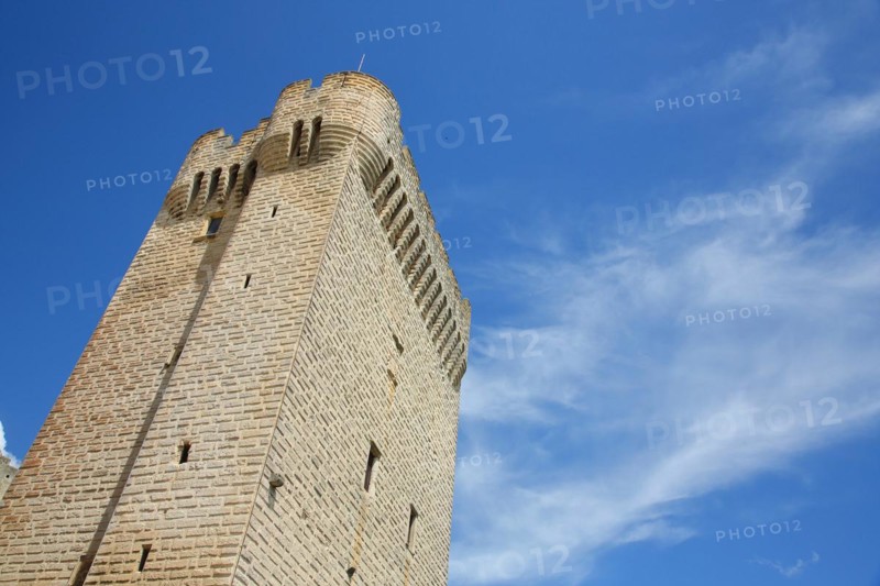 View up to the tower of the Romanesque monastery Abbaye de Montmajour
