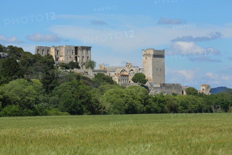 View of Romanesque monastery with tower Abbaye de Montmajour on the mountain