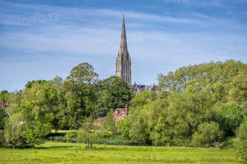 View over the parkland Queen Elizabeth Gardens to Salisbury Cathedral with the 123 m high and Britain's highest church tower