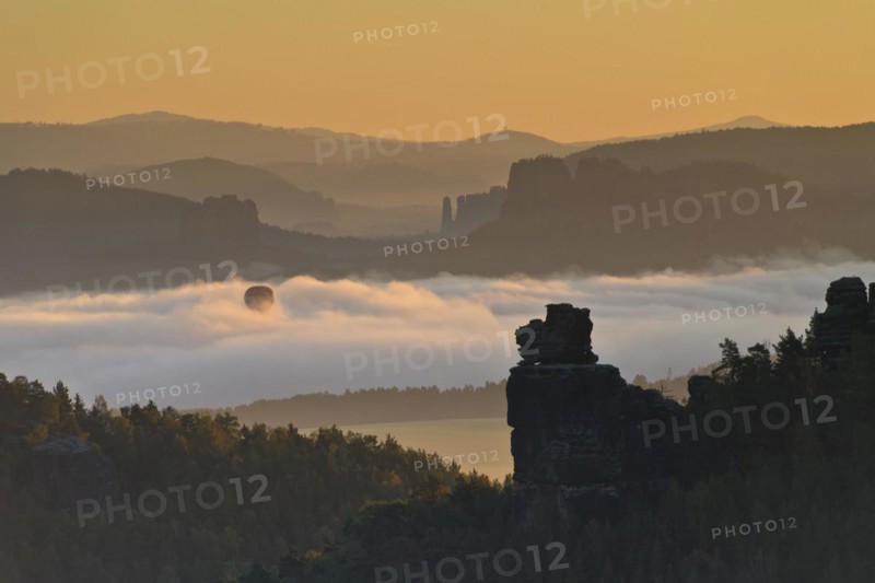 Hot air balloon rising in the morning fog at sunrise in Saxon Switzerland