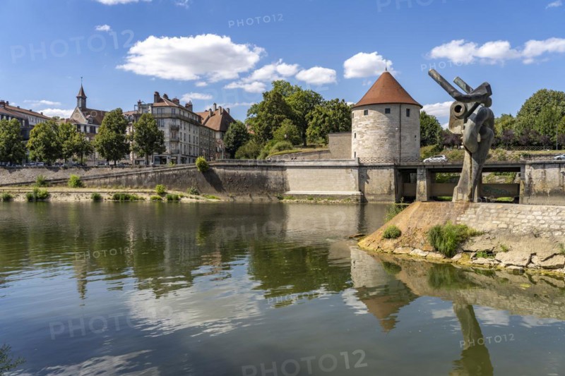 Sculpture Le Minotaure and the watchtower Tour de la Pelote on the river Doubs and the citadel seen from the air