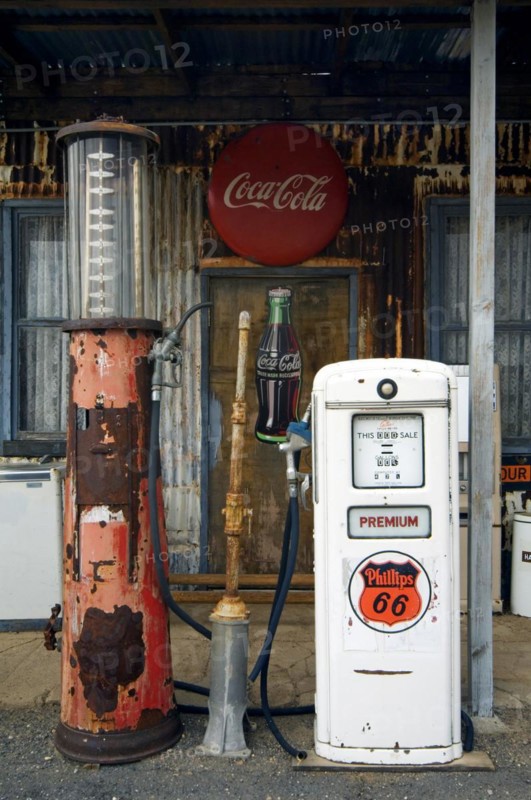Vintage gas pump at petrol station of the General Store along the historic Route 66 in the Hackberry ghost town in Arizona