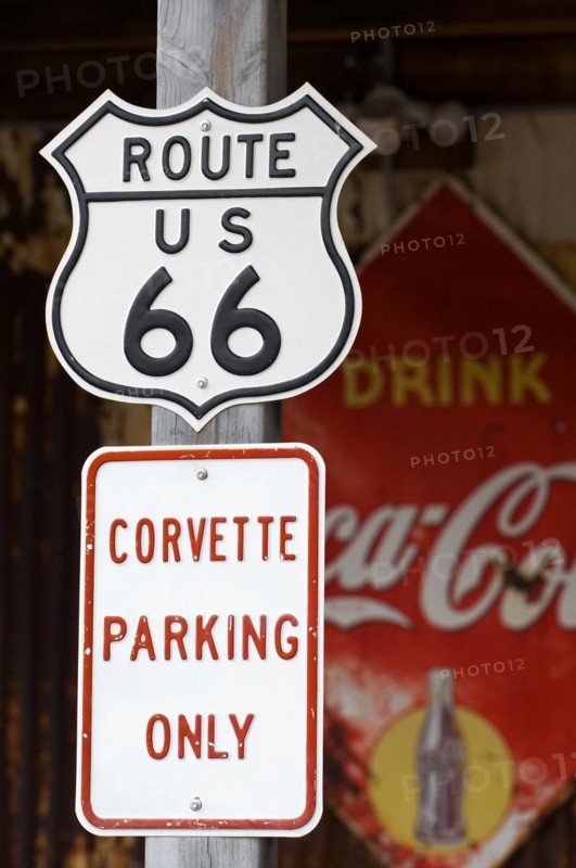 Rout 66 sign at petrol station of the General Store in ghost town Hackberry