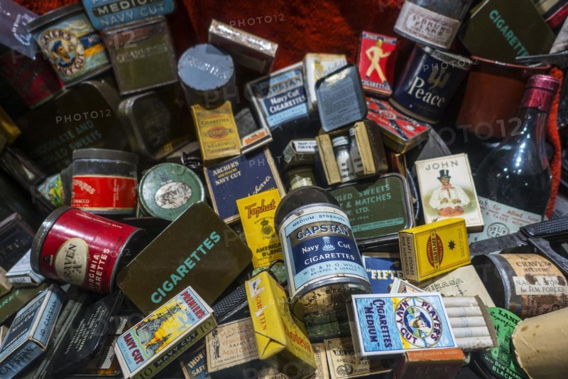 Collection of WW2 British boxes and cans with cigarettes