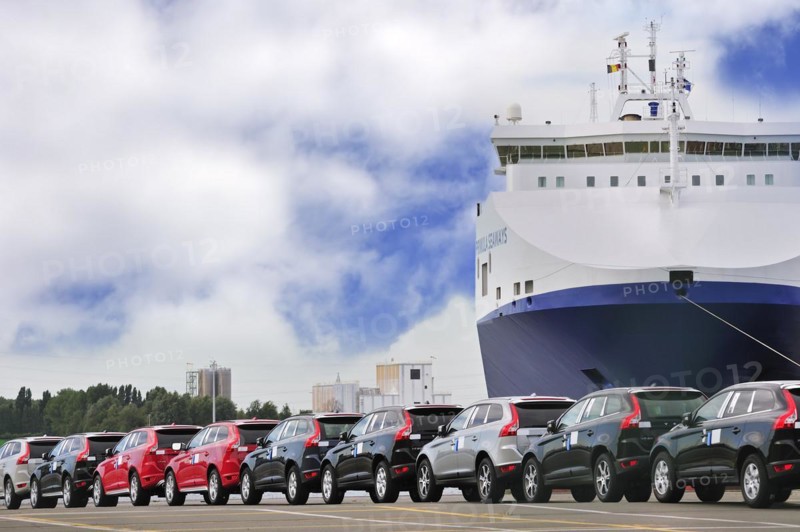 Vehicles from the Volvo Cars assembly plant waiting to loaded on the roll-on roll-off