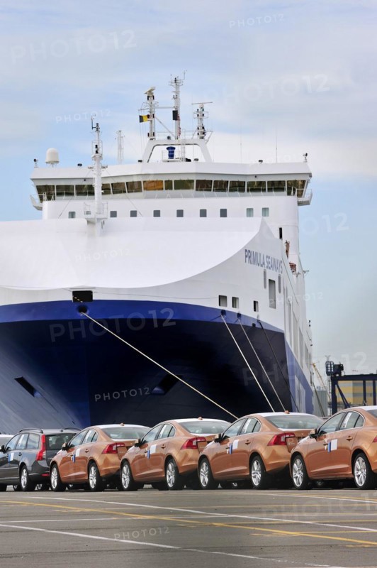 Vehicles from the Volvo Cars assembly plant waiting to loaded on the roll-on roll-off