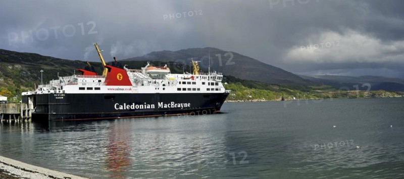 Caledonian MacBrayne Ferry at Ullapool pier with destination Stornoway