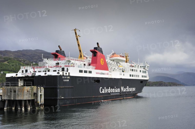 Caledonian MacBrayne ferry boat at Ullapool pier with destination Stornoway