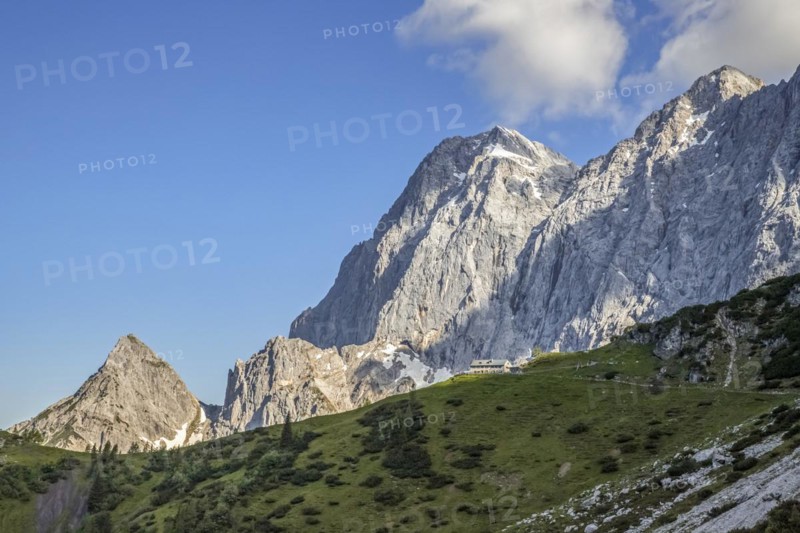 Mountain hut Dachsteinsüdwandhütte on southside of the Hoher Dachstein in the Northern Limestone Alps