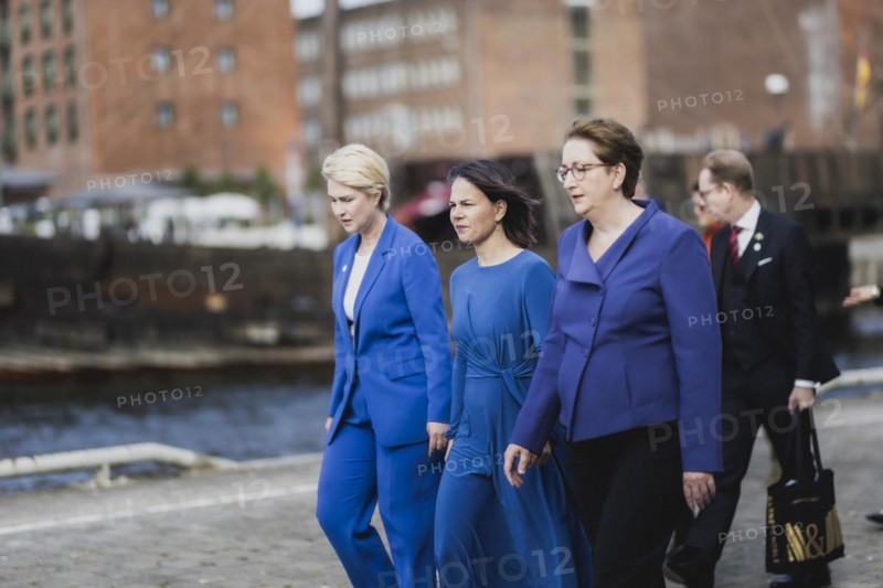 (L-R) Manuela Schwesig, SPD, Minister-President of Mecklenburg-Western Pomerania, Annalena Bärbock (Bündnis 90 Die Grünen), Federal Minister for Foreign Affairs, and Klara Geywitz (SPD), Federal Minister for Housing, Urban Development and Construction, recorded at the meeting of the Foreign Ministers of the Council of the Baltic Sea States in Wismar, 01.06.2023., Wismar, Germany, Europe