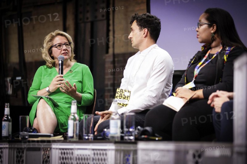 (L-R) Svenja Schulze, Federal Minister for Economic Cooperation and Development, at the digital trade fair republica. Pictured here during a joint panel discussion with Mark Graham, Professor of Internet Geography and Director of Fairwork, and Esther Gathigi-Kibugi, Country Director for Digital Opportunity Trust DOT Kenya, on the topic of Click, Hire, Fire Improving the Global Reality and Future of Platform Work . Berlin, 07.06.2023., Berlin, Germany, Europe