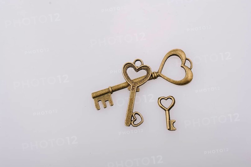 Heart shaped retro metal keys on white background