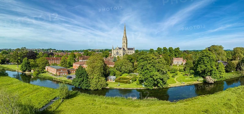 Aerial panorama of the city of Salisbury with Salisbury Cathedral and the River Avon