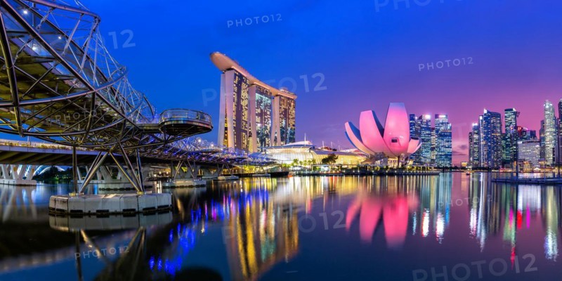 Marina Bay Skyline and Helix Bridge Panorama in the Evening in Singapore