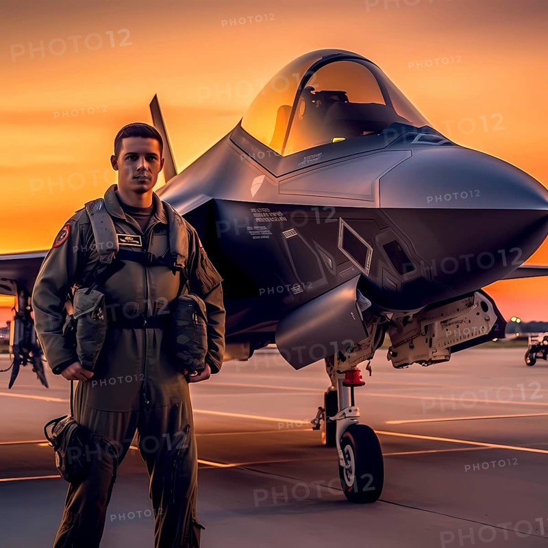 Young proud pilot stands in front of his F 35 fighter plane