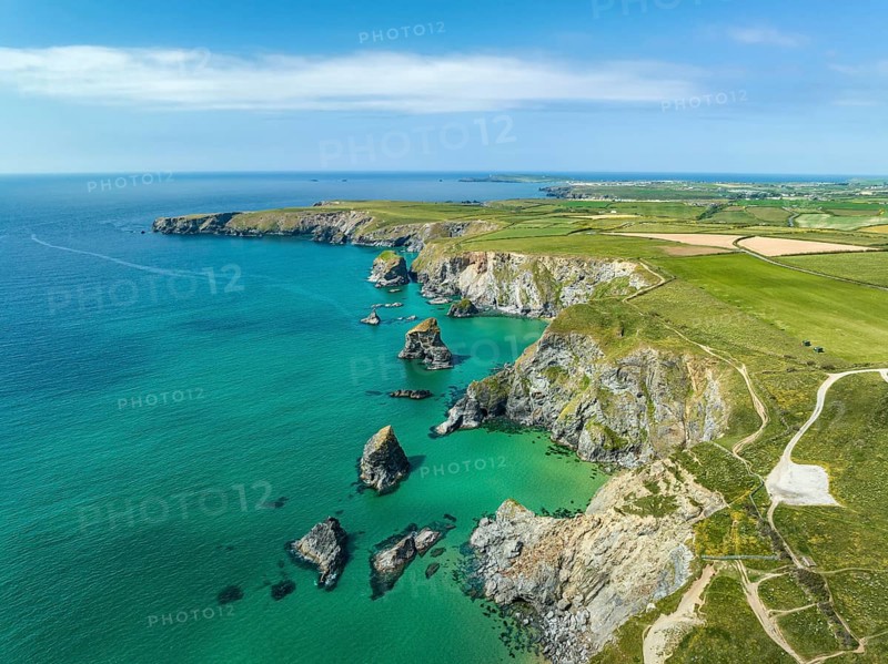 Aerial view of the Bedruthan Steps cliff formation