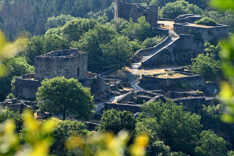 View of the hilltop castle Schmidtburg built in the 9th century in the Hahnenbach valley near Schneppenbach in Hunsrueck
