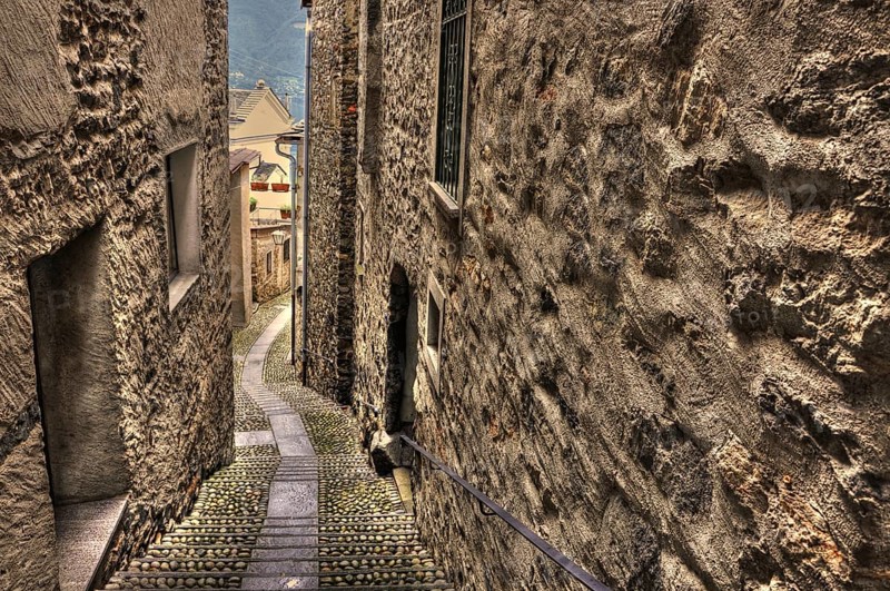 Narrow Street with Cobblestone and Old Rustic House in Ronco sopra Ascona in Ticino