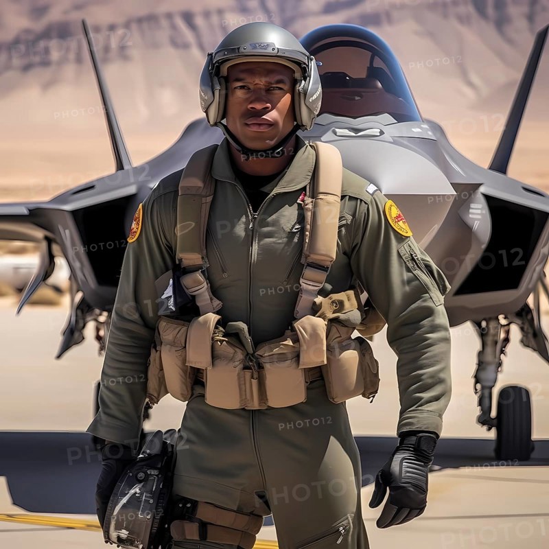 Young proud pilot stands in front of his F 35 fighter plane