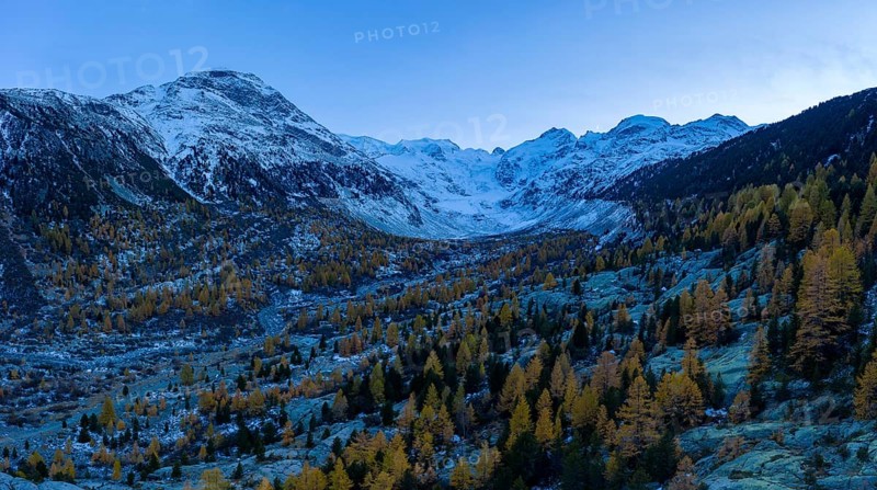 Aerial view of Val Morteratsch with the Morteratsch glacier and its mountain world in autumn