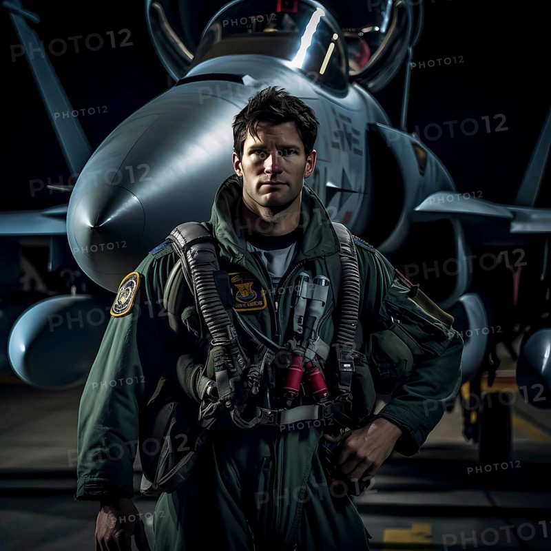 Young proud pilot stands in front of his F 14 fighter plane