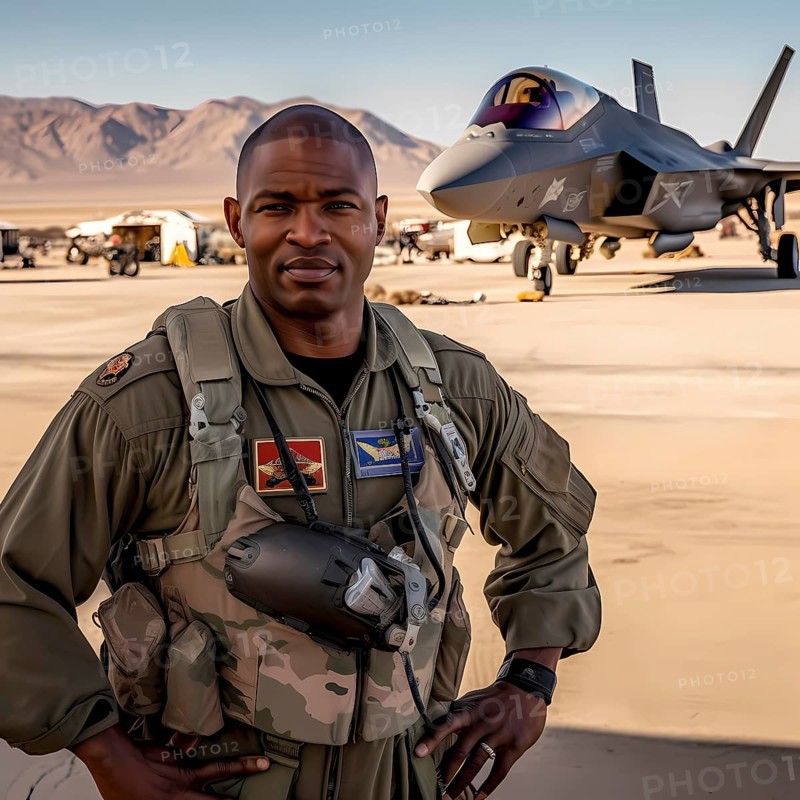 Young proud pilot stands in front of his F 35 fighter plane