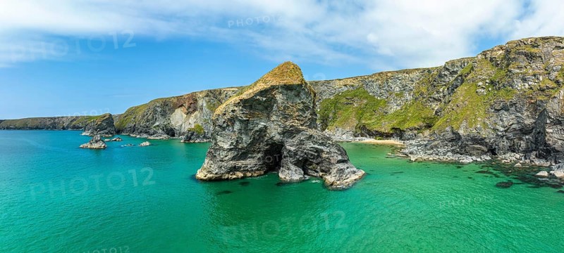 Aerial panorama of the Bedruthan Steps cliff formation
