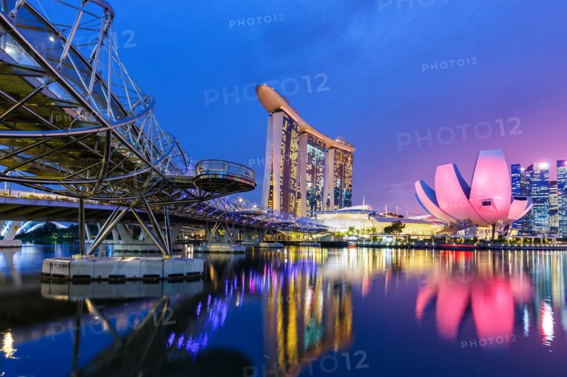 Marina Bay Skyline and Helix Bridge in the evening in Singapore