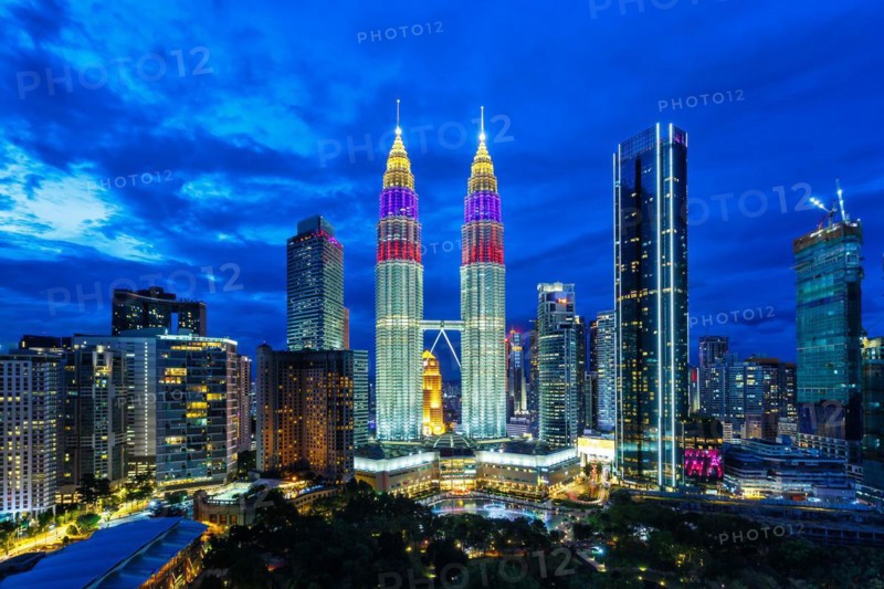 Petronas Twin Towers skyscrapers KLCC skyline in the evening of Kuala Lumpur
