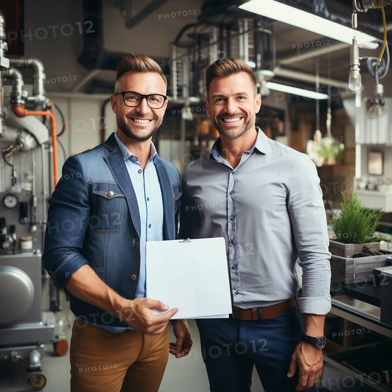 Cheerful homeowner and engineer rejoice in installing new heating system