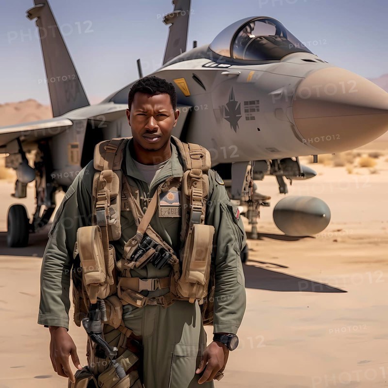 Young proud pilot stands in front of his F 14 fighter plane
