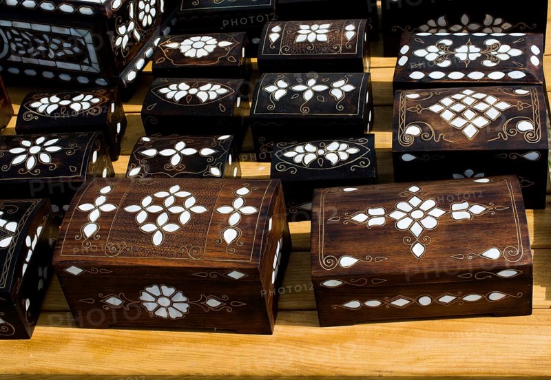 Ancient style wooden treasure chest with mother of pearl inlay