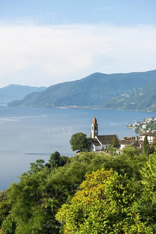 Panoramic View over Church and Alpine Lake Maggiore with Mountain in Ronco sopra Ascona