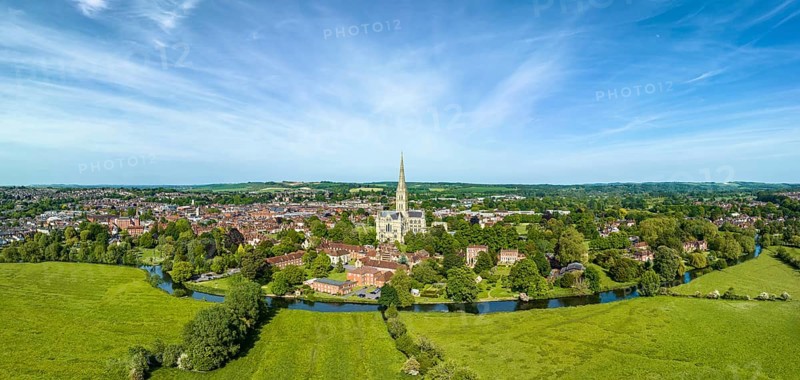 Aerial panorama of the city of Salisbury with Salisbury Cathedral and the River Avon