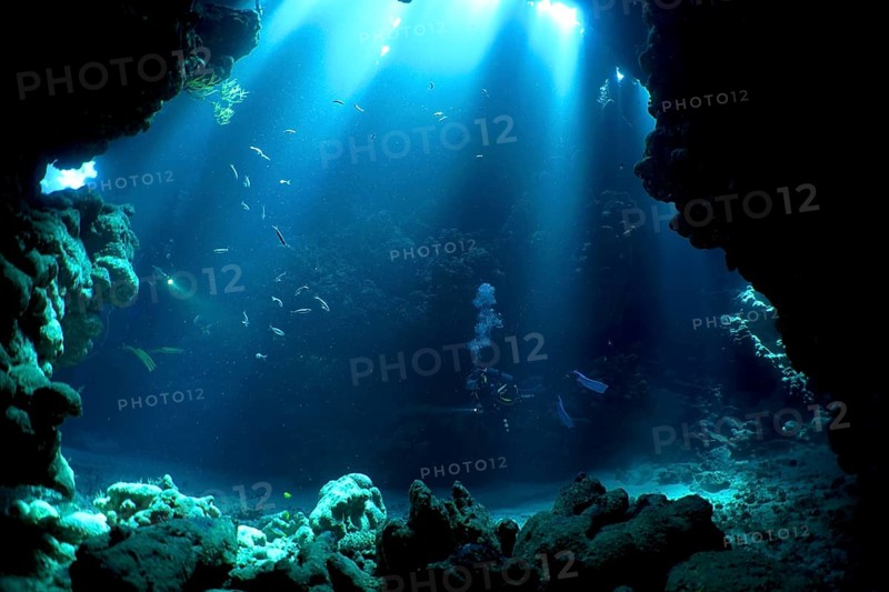 Divers swimming in caves