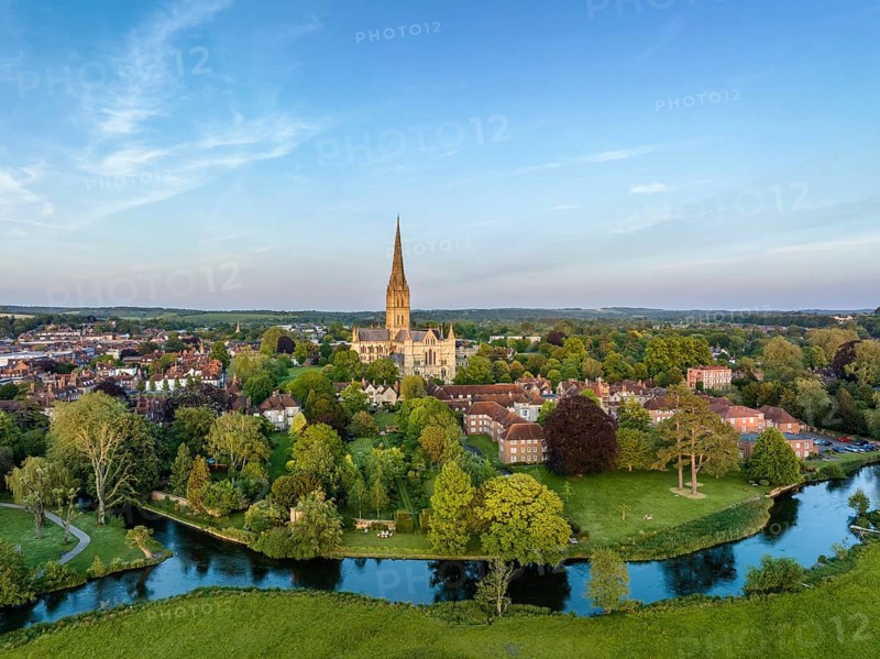 Aerial view of the city of Salisbury with Salisbury Cathedral and the River Avon