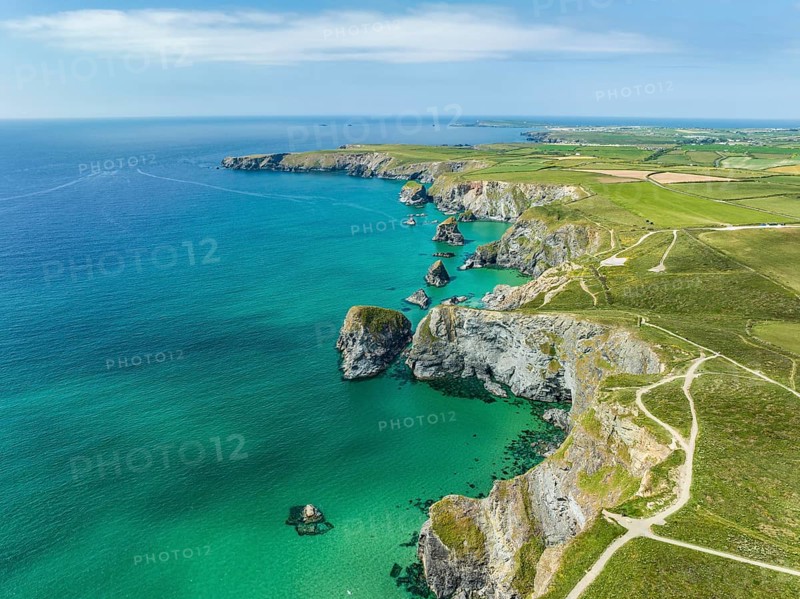 Aerial view of the Bedruthan Steps cliff formation